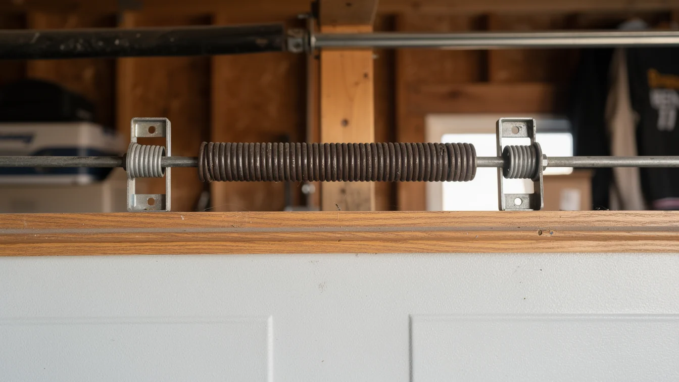 A garage door torsion spring is mounted above a white garage door.